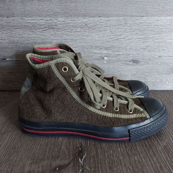 CONVERSE Olive Textured Wool High Top Sneakers Men's 5.5 - Women's 7.5 - Picture 2 of 9